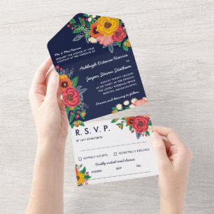 Goldgelb Rot Navy Boho Blumen Alles in Einem All In One Einladung