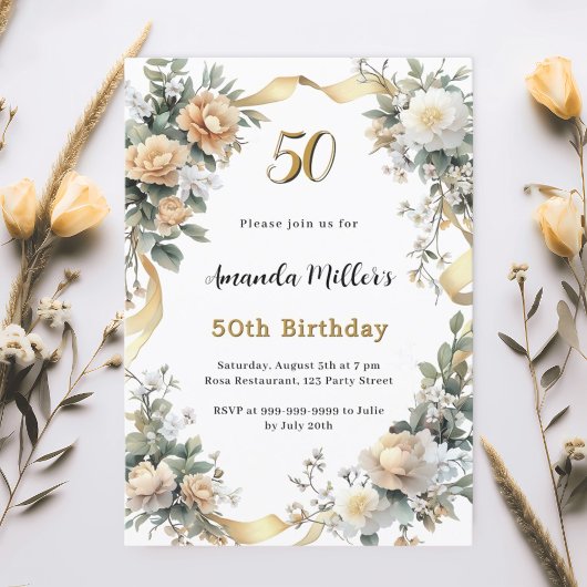 Goldgelbe Blumen Band Luxus Geburtstag Einladung