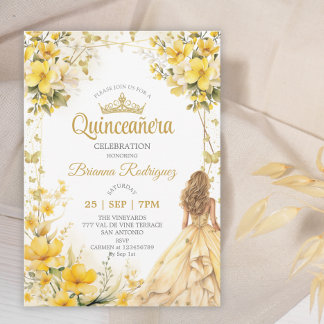 Goldgelbe Tiara Blumen Schmetterling Quinceañera Einladung