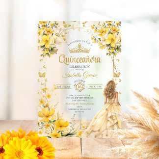 Goldgelbe Tiara Blumen Schmetterlinge Quinceañera Acryleinladungen