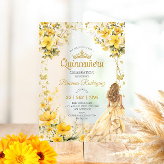 Goldgelbe Tiara Florale Butterfly Quinceañera Acryleinladungen