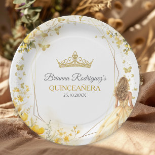 Goldgelbe Tiara Florale Schmetterlinge Quinceañera Pappteller