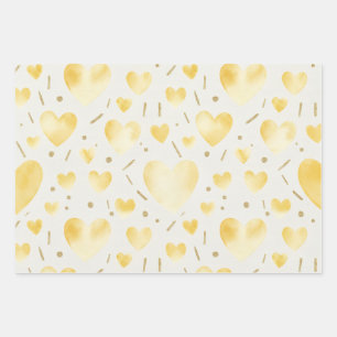 Goldgelbe Wasserfarbe & Glitzerherzen Geschenkpapier Set