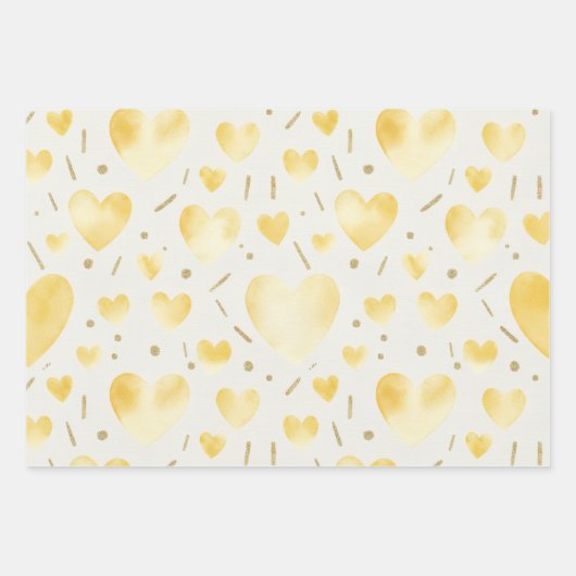 Goldgelbe Wasserfarbe & Glitzerherzen Geschenkpapier Set (Vorderseite)
