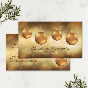 Goldgelbe Weihnachtskugeln auf gelbem Bokeh Visitenkarte