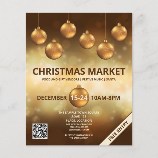 Goldgelbe Weihnachtskugeln - Weihnachtsmarkt Flyer (Vorne)