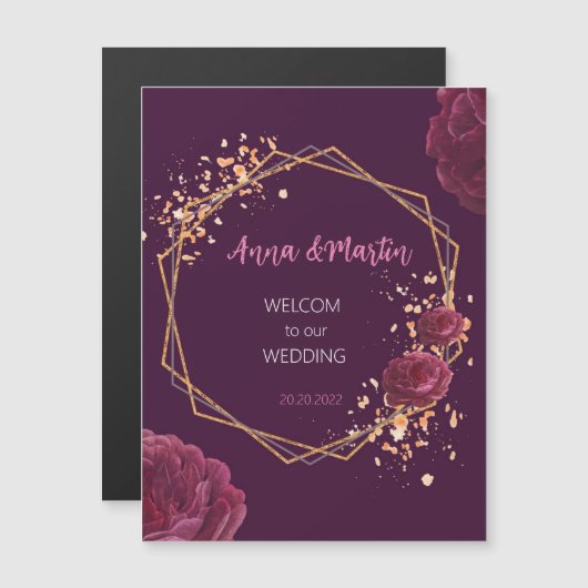 goldgelber Rahmen mit Blume auf Bordeaux Magneteinladung (Vorne/Hinten)