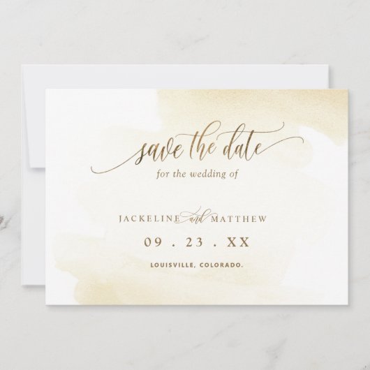 Goldgelber Wash und Kalligrafie Minimale Hochzeit Save The Date (Vorderseite)