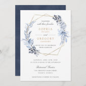 Goldgeometrische Blütenblauer Blätter Rahmen Hochz Einladung (Vorne/Hinten)