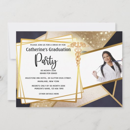 Goldgeometrische Foto-Kadukus-Abschluss Einladung (Vorderseite)