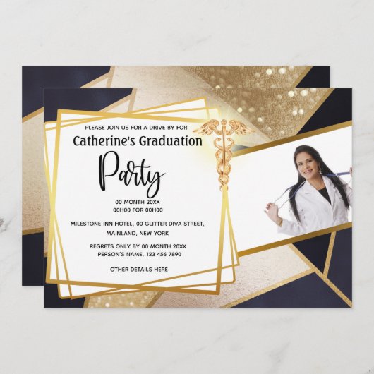 Goldgeometrische Foto-Kadukus-Abschluss Einladung (Vorne/Hinten)