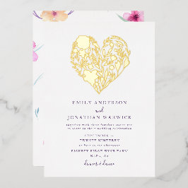 Goldgepresste Blume Botanisches Herz Hochzeit Folieneinladung