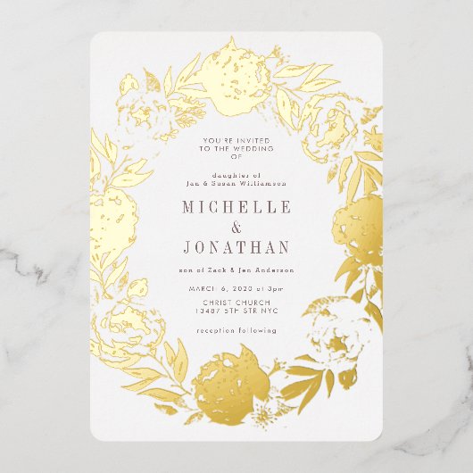 Goldgepresste Blume Wreath-Hochzeit Folieneinladung (Vorderseite)