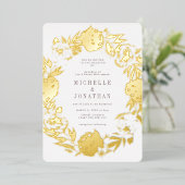 Goldgepresste Blume Wreath-Hochzeit Folieneinladung (Stehend vorne)