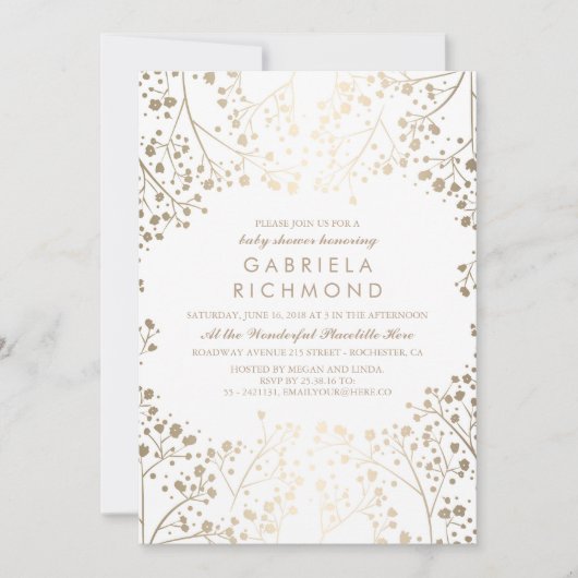 GoldGipskraut-elegante weiße Baby-Dusche Einladung (Vorderseite)
