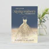 Goldglatter Funkelkleid ombre Quinceañera Invi Einladung (Stehend Vorderseite)