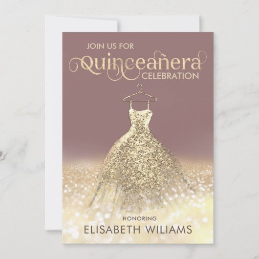 Goldglatter Funkelkleid ombre Quinceañera Invi Einladung (Vorderseite)