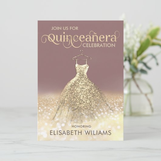 Goldglatter Funkelkleid ombre Quinceañera Invi Einladung (Stehend Vorderseite)