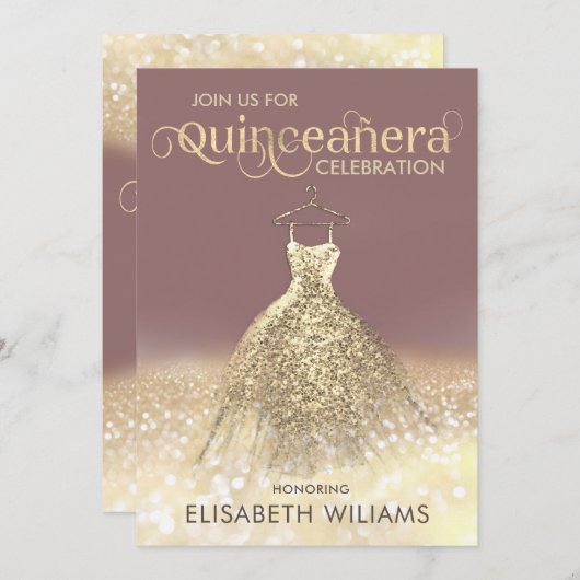 Goldglatter Funkelkleid ombre Quinceañera Invi Einladung (Vorne/Hinten)