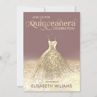 Goldglatter Funkelkleid ombre Quinceañera Invi Einladung