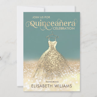 Goldglatter Funkelkleid ombre Quinceañera Invi Einladung