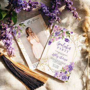 Goldglitter Lila Mädchenhaftes Blumenfoto-Abschlus Einladung