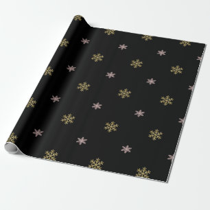 Goldglitter & rosa Schneeflocken auf schwarzem Wei Geschenkpapier