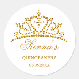 GoldGlitter Tiara in einer Herzform Quinceanera Runder Aufkleber