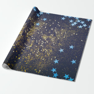 Goldglitter und glitzernde blaue Sterne auf schwar Geschenkpapier