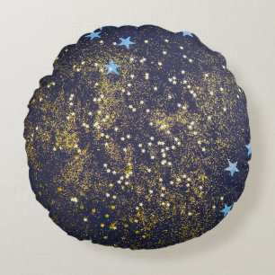 Goldglitter und glitzernde blaue Sterne auf schwar Rundes Kissen