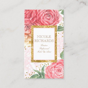 Goldglitter und Wasserfarbe rosa Blumen Vintage Visitenkarte