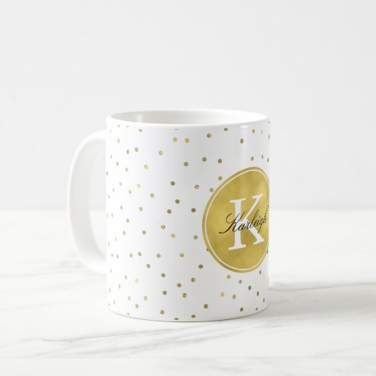 GoldGlitzConfetti punktiert Monogramm Kaffeetasse (Vorderseite Links)