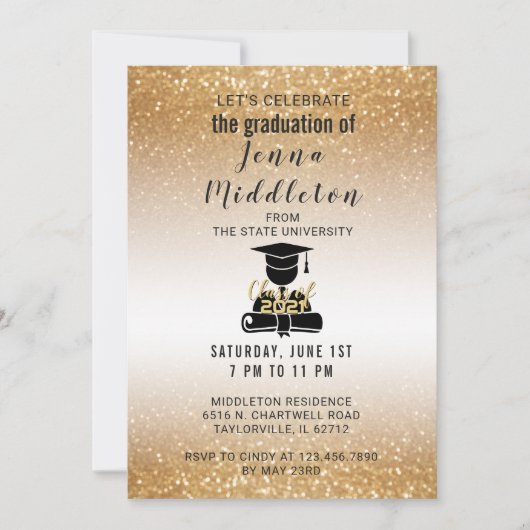 GoldGlitzer-Abschluss Einladung (Vorderseite)