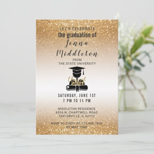 GoldGlitzer-Abschluss Einladung (Stehend Vorderseite)