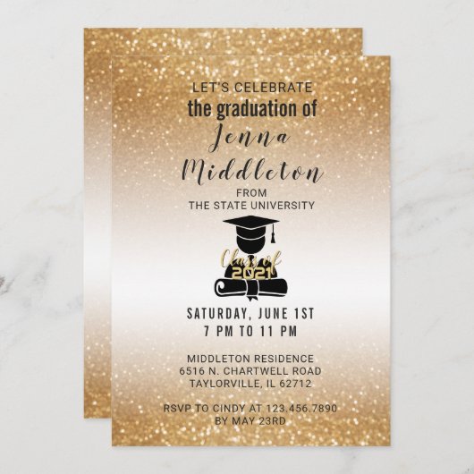 GoldGlitzer-Abschluss Einladung (Vorne/Hinten)