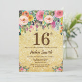 GoldGlitzer-Blumen16. Geburtstags-Einladung Einladung (Stehend Vorderseite)