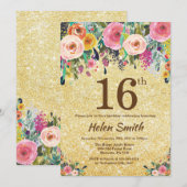 GoldGlitzer-Blumen16. Geburtstags-Einladung Einladung (Vorne/Hinten)