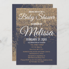 GoldGlitzer-Glitzern-Marine-Blau-Baby-Dusche Einladung