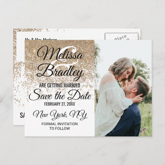 GoldGlitzer-Glitzern-Weiß Save the Date Ankündigungspostkarte (Vorne/Hinten)