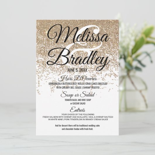 GoldGlitzer-Glitzern-weißes Hochzeits-Menü Menükarte (Stehend Vorderseite)