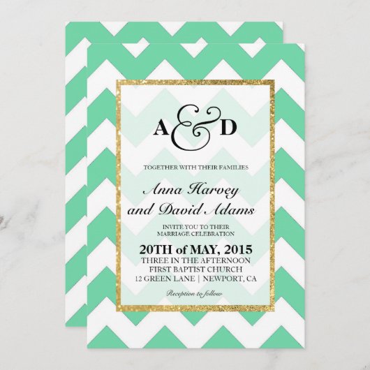 GoldGlitzer-Minzen-Grün-Zickzack Einladung (Vorne/Hinten)