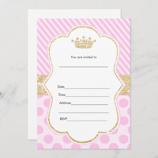 GoldGlitzer Prinzessin-Invitation Fill In Pink Einladung (Vorne/Hinten)