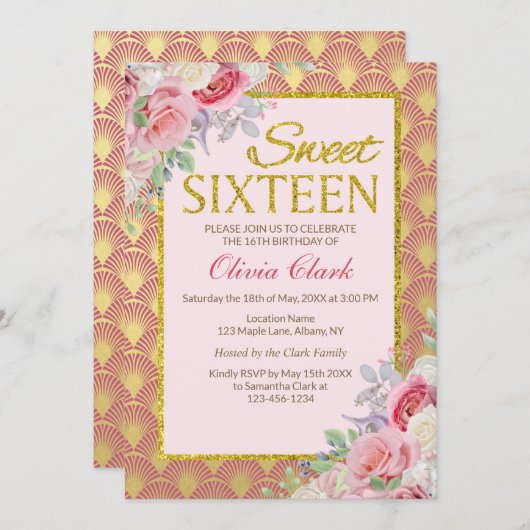 GoldGlitzer-Rosa-Blumen16. Geburtstag-Geburtstag Einladung (Vorne/Hinten)