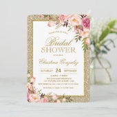 GoldGlitzer-Rosa-Rosen-BlumenBrautparty laden ein Einladung (Stehend Vorderseite)