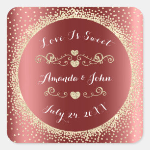GoldGlitzer-Save the Date Liebe-Bonbon Burgunder Quadratischer Aufkleber