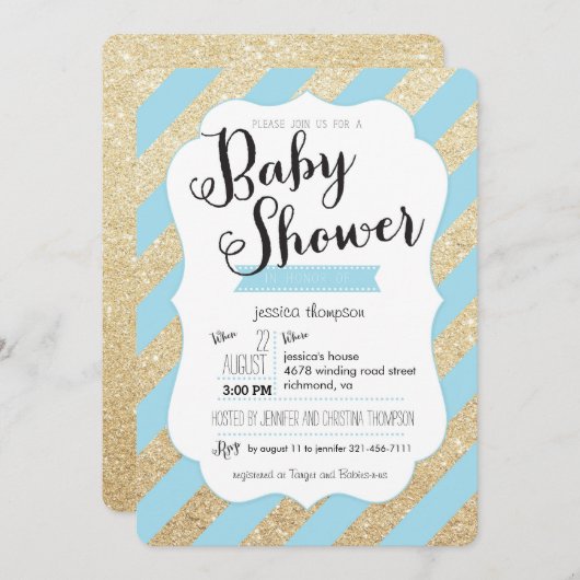 GoldGlitzer u. blaue Streifen-Baby-Jungen-Dusche Einladung (Vorne/Hinten)