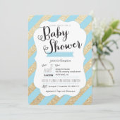 GoldGlitzer u. blaue Streifen-Baby-Jungen-Dusche Einladung (Stehend Vorderseite)