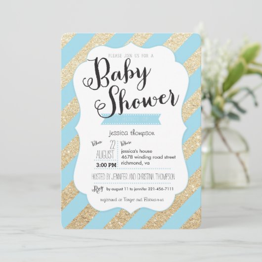 GoldGlitzer u. blaue Streifen-Baby-Jungen-Dusche Einladung (Stehend Vorderseite)