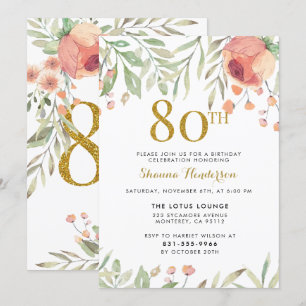 GoldGlitzer u. Watercolor-Blumen-80. Geburtstag Einladung