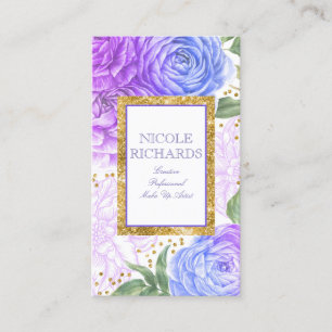 GoldGlitzer und Watercolor-blaues und lila Blumen Visitenkarte